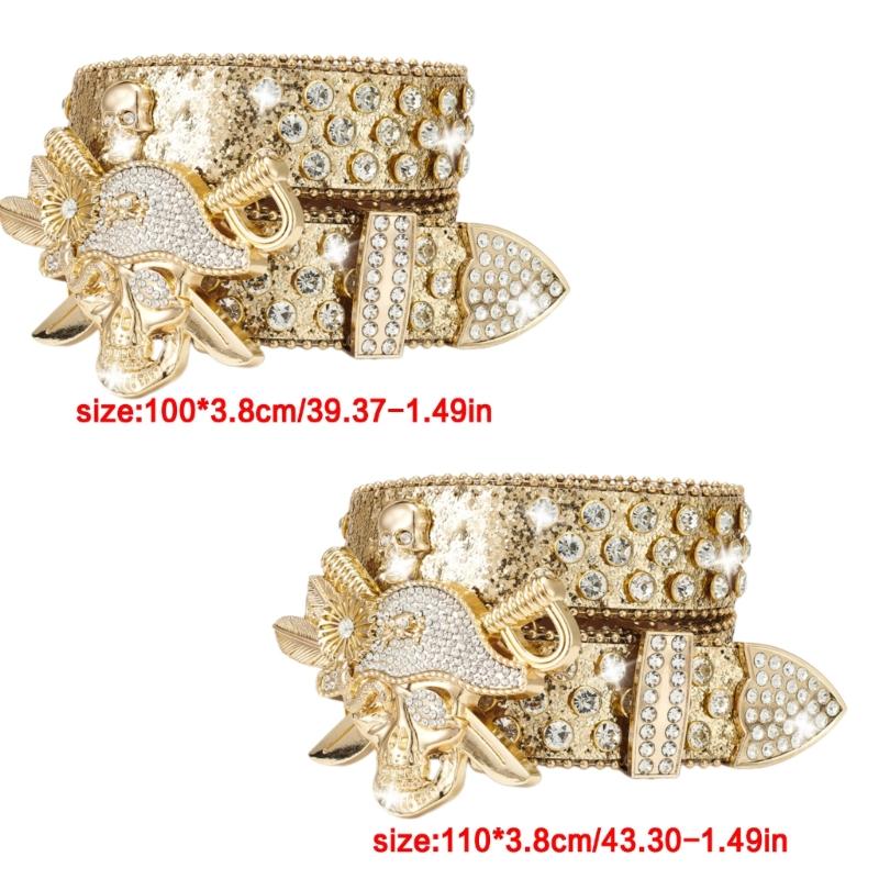 Rhinestones Skull Buckle Belt for Women Men Sequined Hiphop Belt for Pants Jeans Popular Rockers Belt Waist Accessories