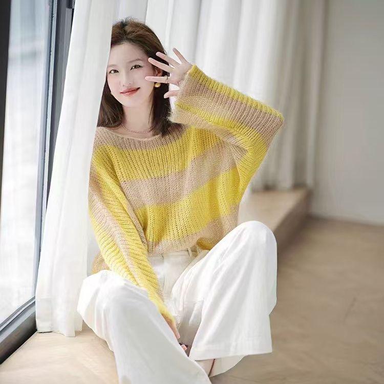 Yellow High-end Color-block Loose Striped Knitwear Designed Top Lazy Early Spring Elegant Thin Hollow Out