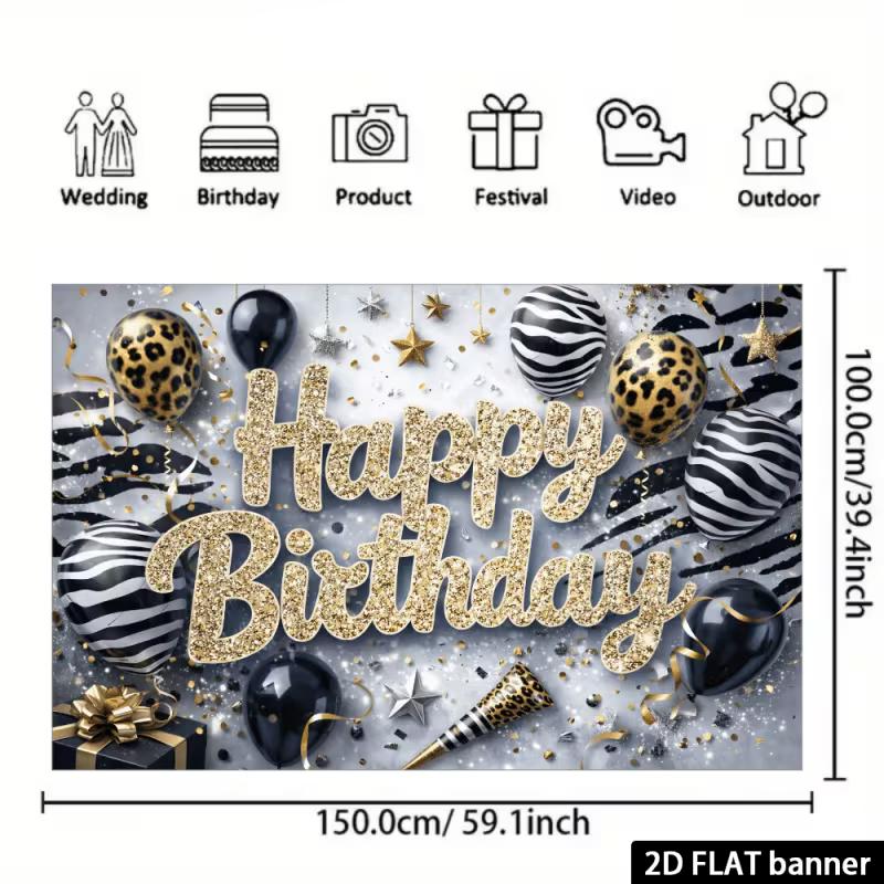 

2D Black Gold Leopard Print Happy Birthday Backdrop Glitter Party Photography Banner 47.2x31.5inch/120*80cm