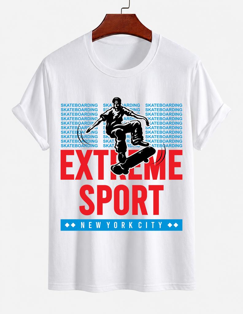 Unisexs Pure Cotton Solid Color Tshirt Extreme Sports Skateboard Print Crew Neck Short Sleeve New York Street Casual Top
