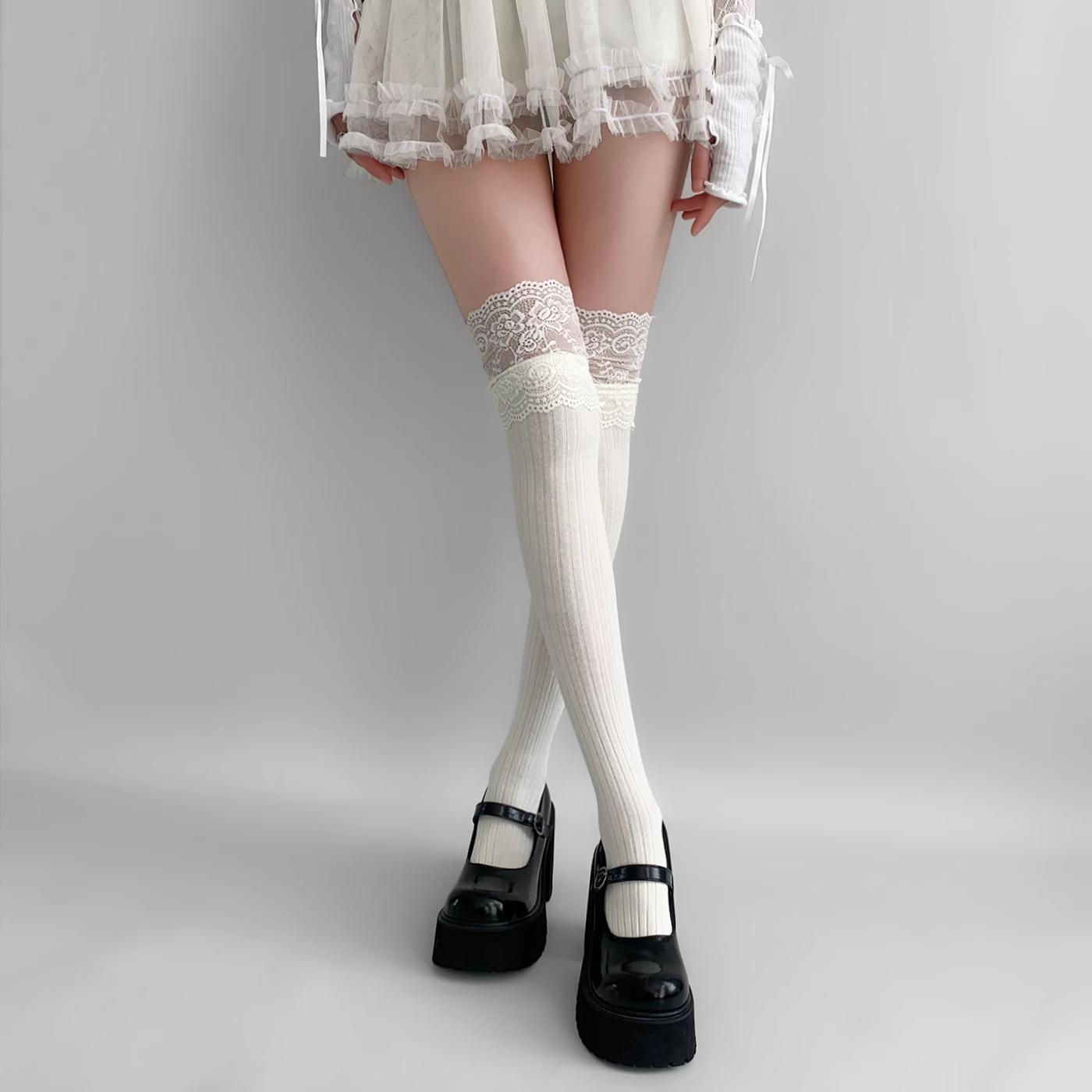 Bas sexy en dentelle pour femme, montants jusqu'à la cuisse, au-dessus du genou, couleur unie, Lolita, chaussettes chaudes pour bottes One Size gray