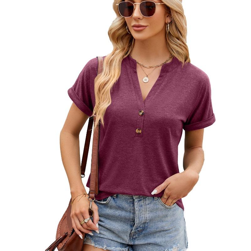 Spring Summer Solid Color V-neck Button Loose Short Sleeved T-shirt Top
