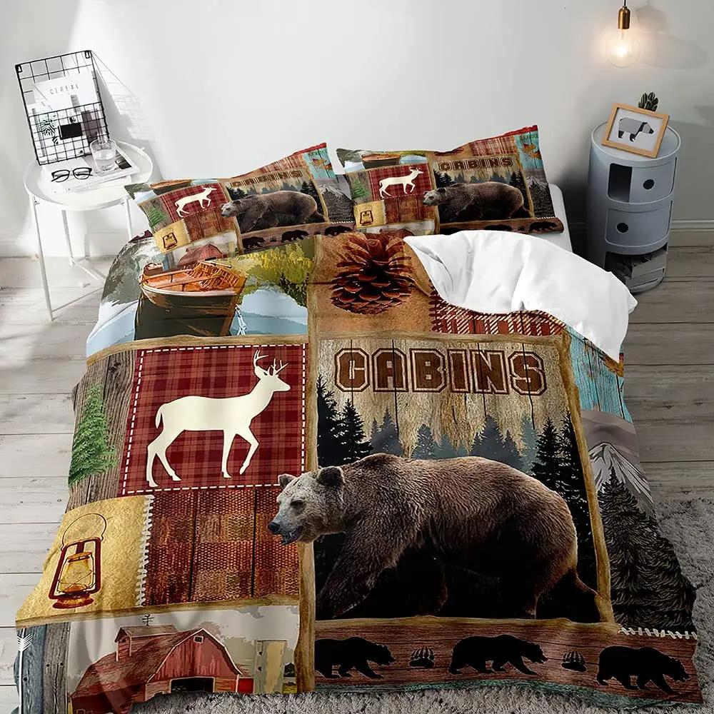 Farmhouse Duvet Cover SetBlack Bear Deer Elk Moose Forest Animal Wildlife Lodge Rustic Bedding Set KingSage Green Brown Plaid