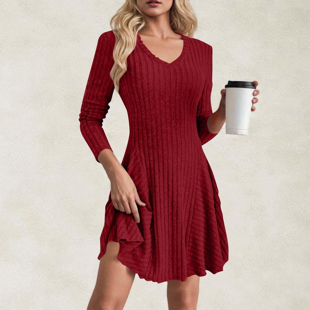 Women's Fashion Casual Solid Color V-neck Long-sleeve A-line Dress