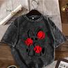 Cute Cartoon Print Vintage Washed Black Oversized T-Shirt Casual Crew Neck Short Sleeve Tee for Women Daily