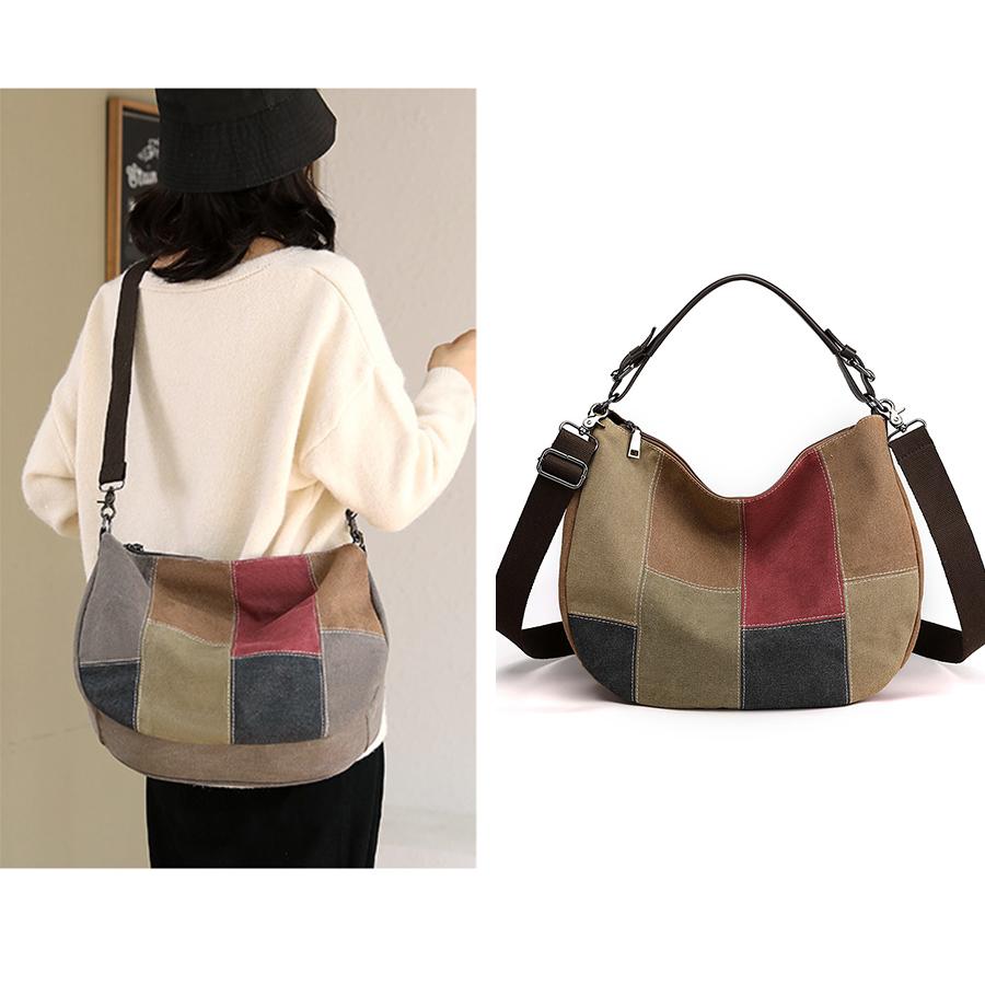 Canvas Fabric Commuting Patchwork Shoulder Bag High Capacity Women Crossbody Messenger Bag Leisure Versatile Shoulder Hobos Bags