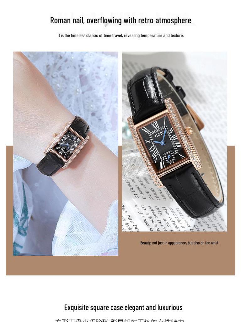 Zegarek kwarcowy damski Gedi w stylu retro, mały kwadratowy z paskiem