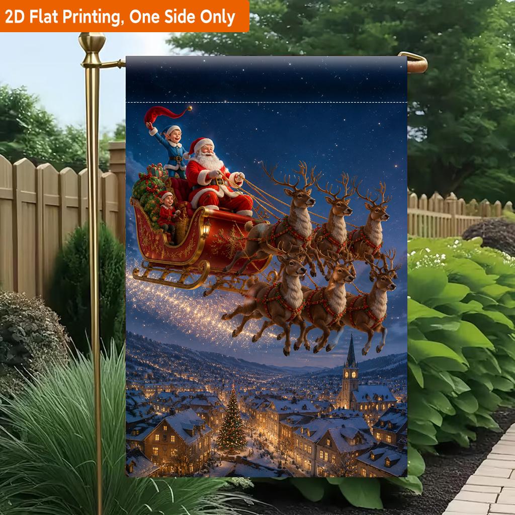 2D Flat - 2D Flat Printing Garden Flag 1pc, Santa Sleigh Soaring Above Town Durable Single-Sided Print Yard Flag, Garden & Home Holiday Decoration, 29