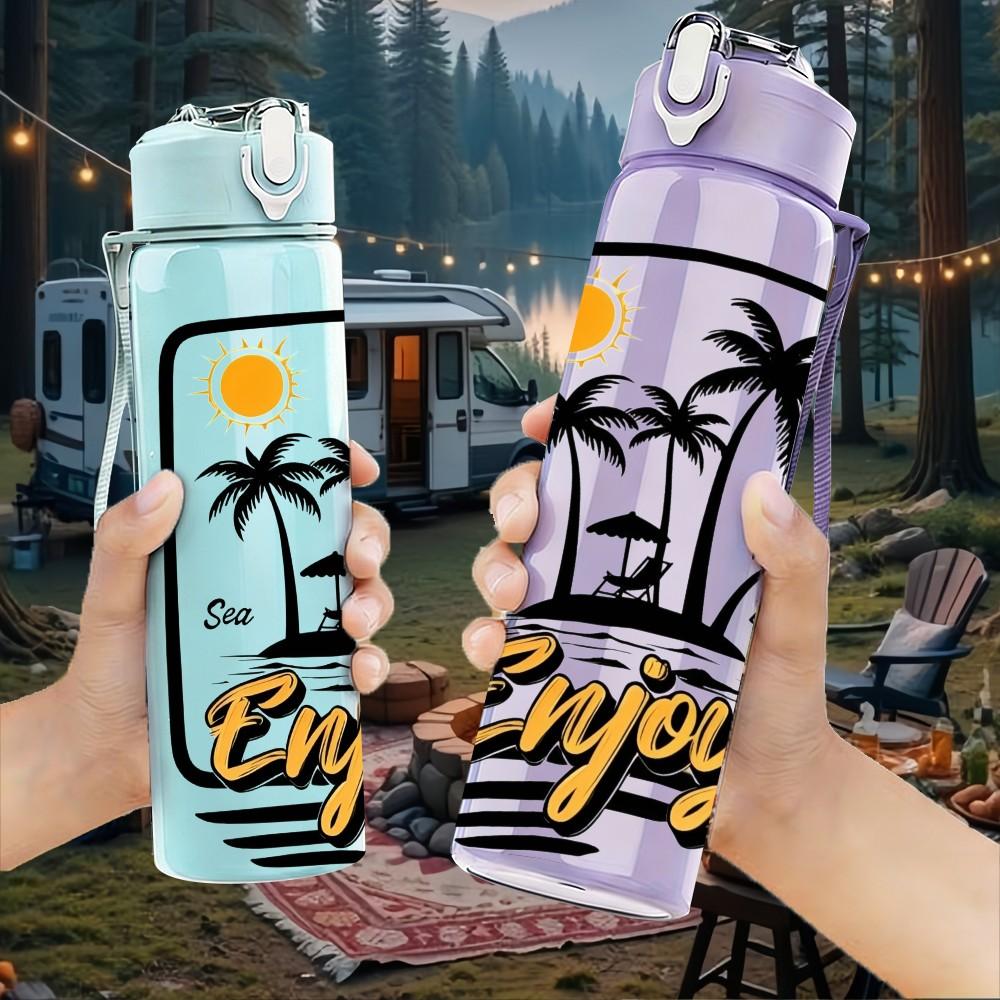 1PC Enjoy Beach Palm Tree 750ml Color Plastic Sports Water Bottle Leakproof Flip Straw Lid Suitable for Sports Office Home Use