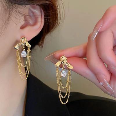 Pendientes largos de borla con circonita y aguja de plata para mujer, aretes colgantes de diamantes ligeros de lujo, dorados