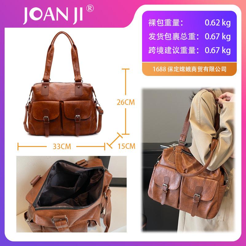 Vintage tote bag women's large-capacity multi-pocket shoulder bag women's commuting soft leather oblique straddle handheld women's bag