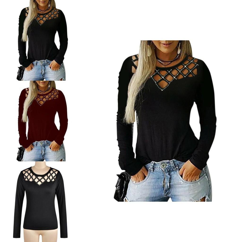 Stylish Women's Hollow Long Sleeve T-shirt For Casual Chic V-neck Pullover Top