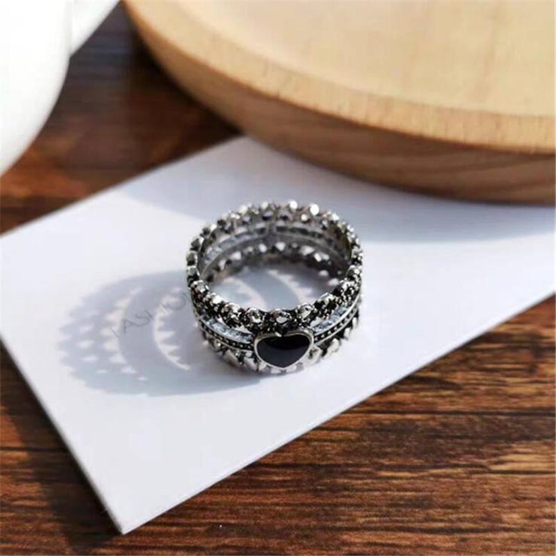Picche Danneggiate Cuore Nero a Forma di Cuore Anelli Apribili Retro Combinazione a Tre Strati Gioielli in Argento Sterling 925 Amore Dolce TYB032