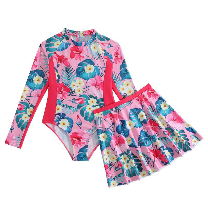 

8-12 лет дети девочки купальники комплекты молния длинный рукав треугольный боди и юбка 10Y