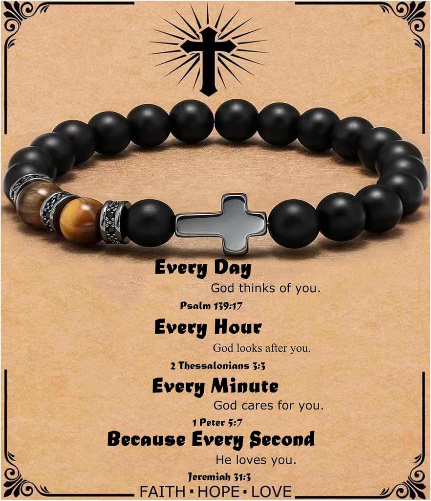 Kreuz Armband für Männer Sohn Bruder Taufe Kommunion Geburtstag Jahrestag Weihnachten Christlich Schwarze Tigerauge Perlen Schmuck