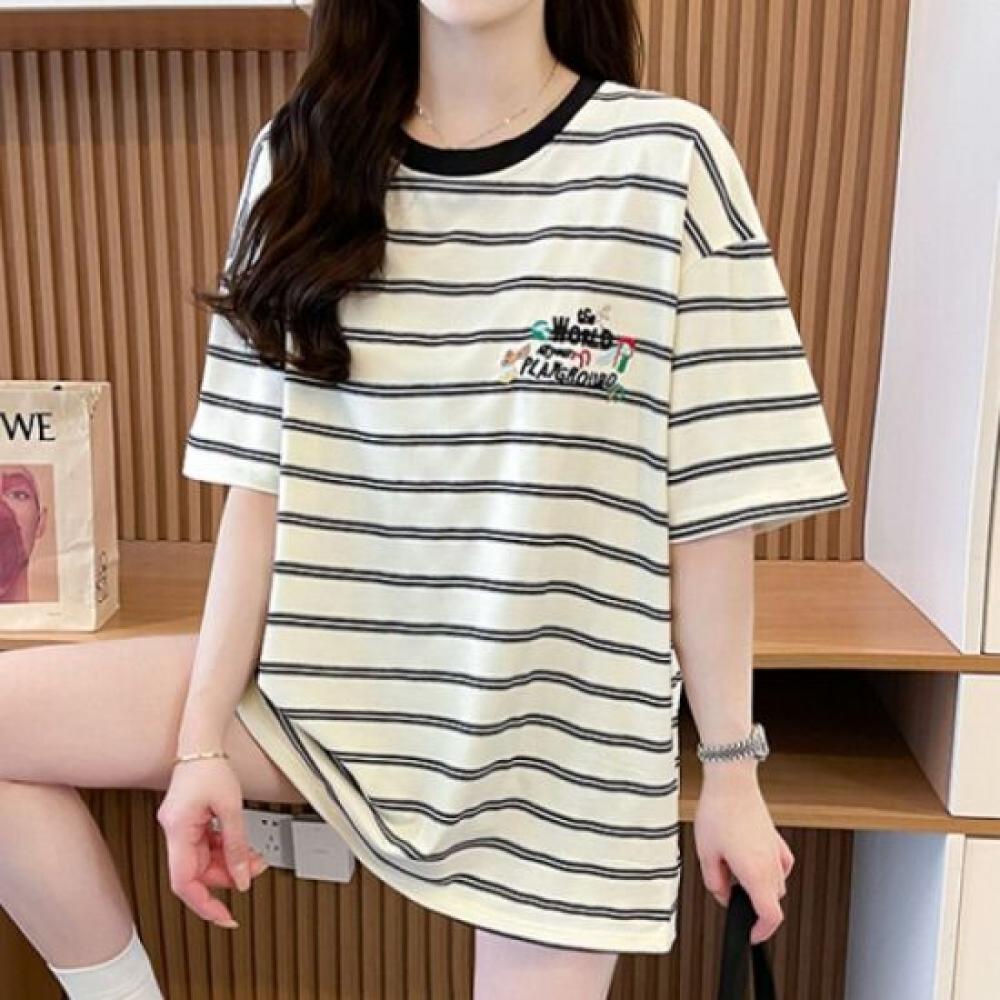 Navava Women NT2540 STriped LeTTering Embroidery Loose FiT ShorT Sleeve T shirT