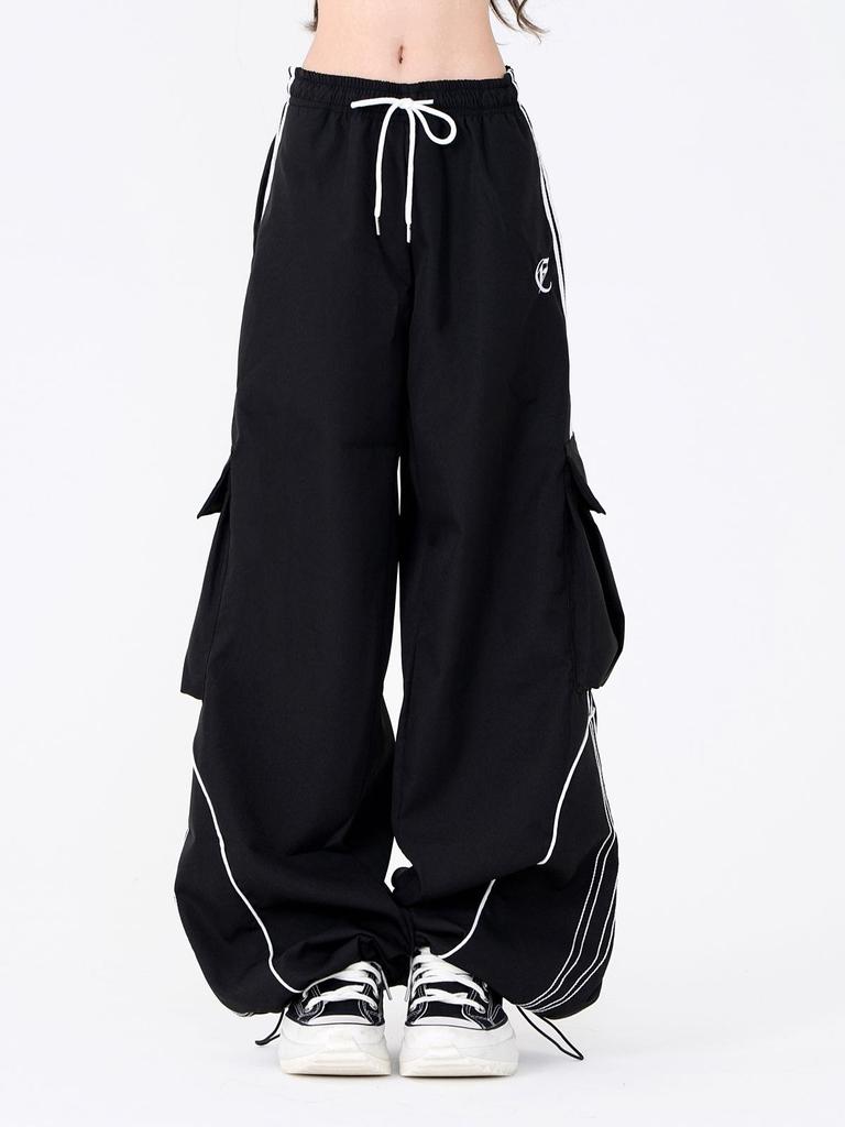 Pantalones deportivos negros de pierna ancha con cordón y bolsillos para mujer, ideales para bailar en la calle - Ropa informal de hip hop para primavera
