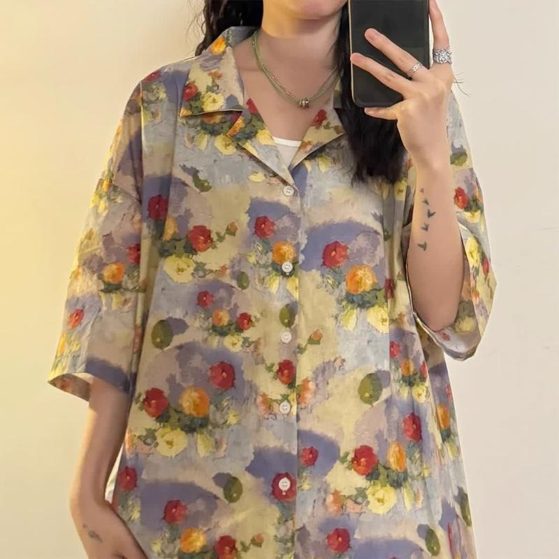 Floral Printed Colorful Female's Suit Collar Shirt Summer Loose Casual Short Sleeved Shirts Vacation Style Chic Blouses