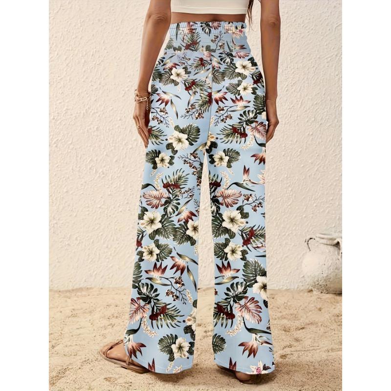 Women's Fashion Casual Flower Pattern Print High Waist Trousers Pants & Capris