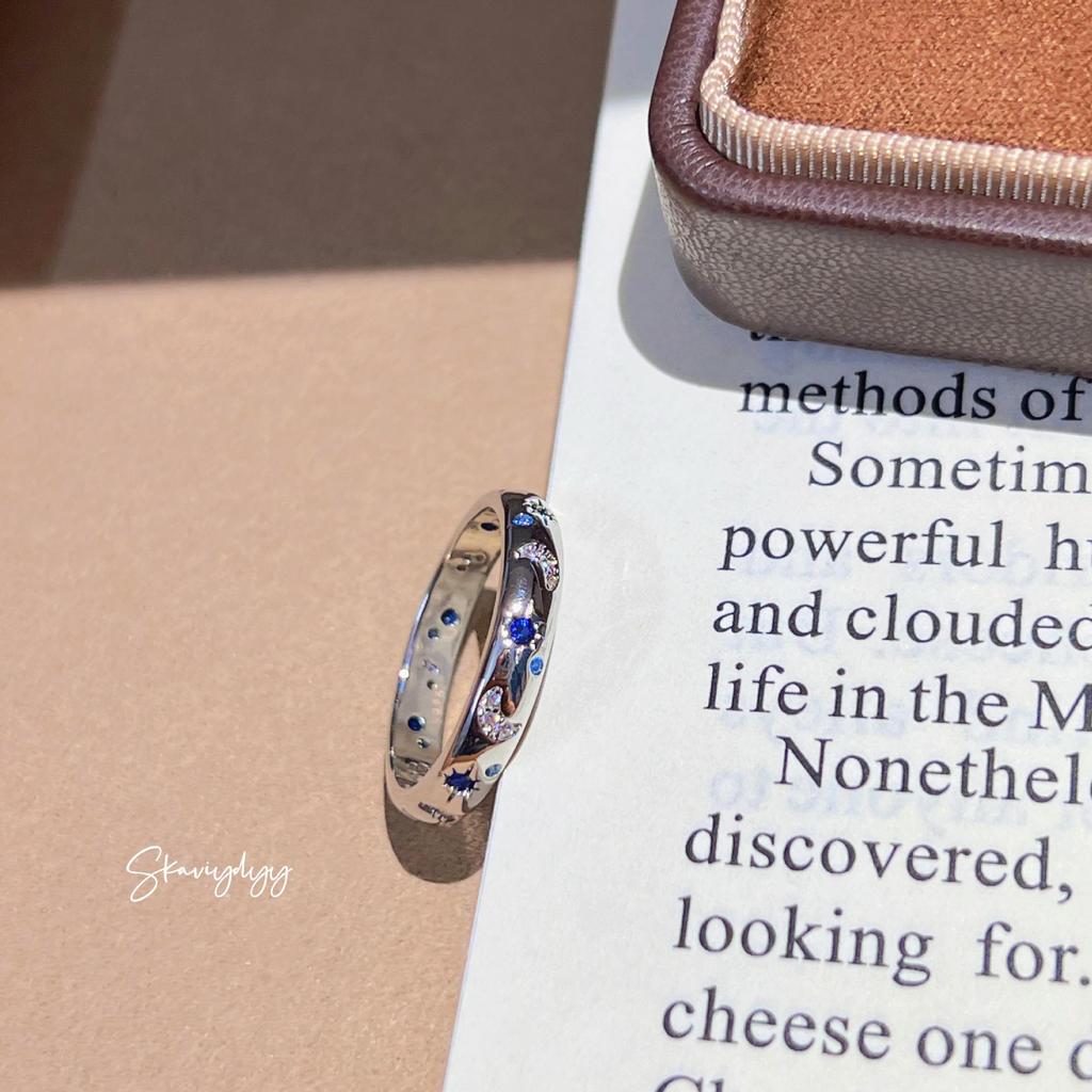 European Hot-Selling Blue Zircon Starry Sky Ring with Diamond Moon Inlay for Couples