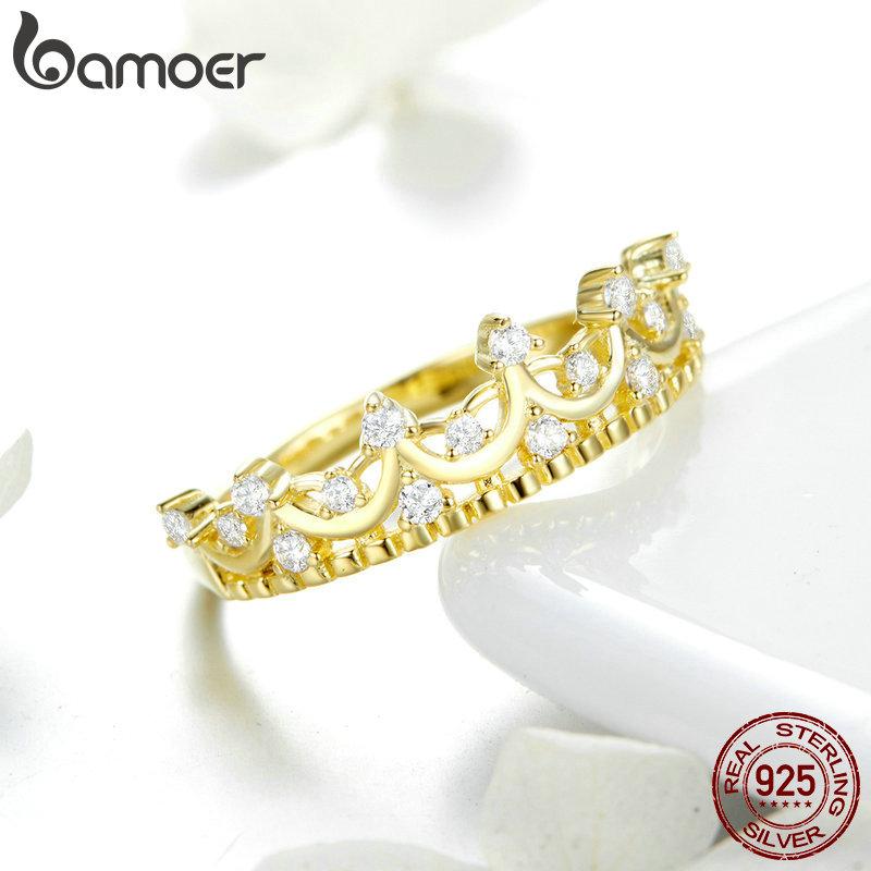 BAMOER Autêntico Prata 925 Coroa de Princesa Cor Dourada Anéis de Coroa para Mulheres Anel de Casamento Joia Anel SCR493