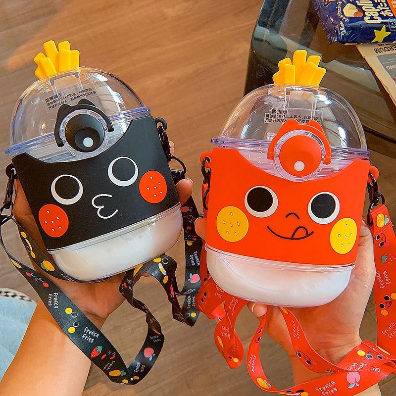 Summer Charming French Fries Water Bottle With Straw Clear Square Plastic Water Bottles for Kids Lightweight School Drinking Cup