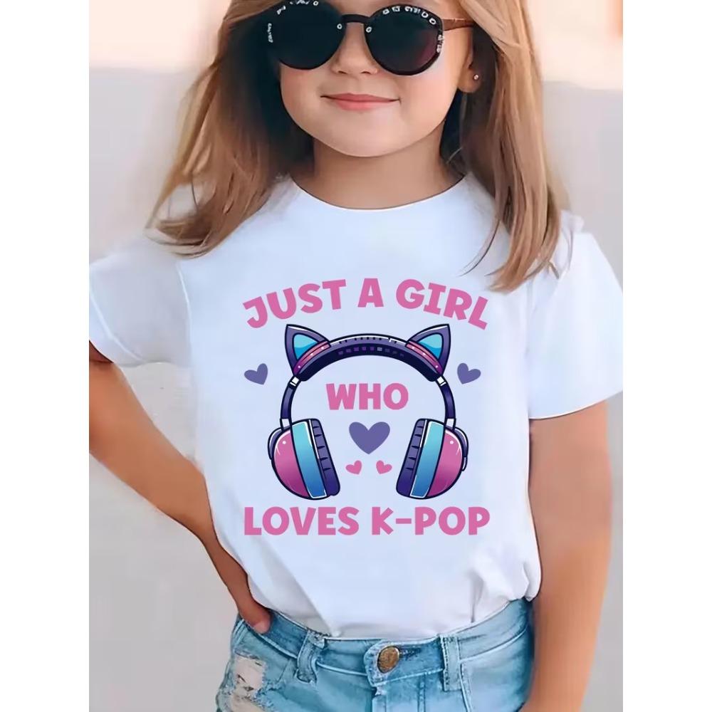 Summer Just A Girl Who Likes K-POP " Pattern Printed Children T-shirt Trendy Girls Clothing Casual Fashionable Kids Short Sleeve