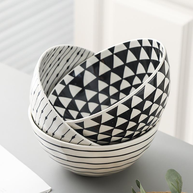 Geometric Lines Ceramic Bowl Noodle Bowl Household Salad Bowl Microwave Oven Creative Kitchen Tableware