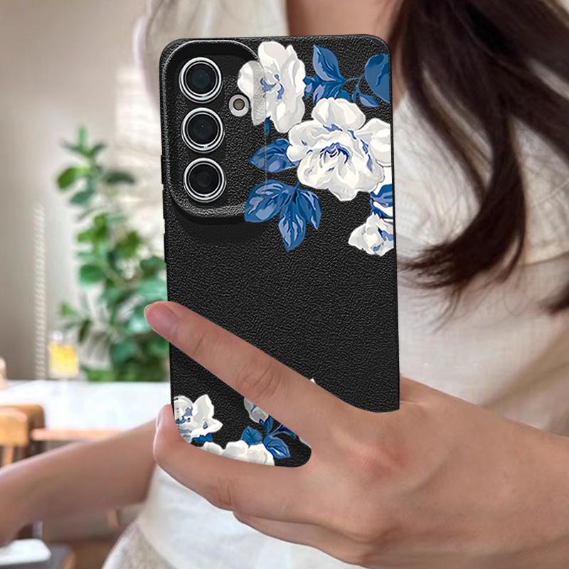 Funda Floral de Gardenia Blanca Para Samsung S26 S25 S24 Ultra S23 S22 S21 FE A15 A16 A17 A26 A35 A36 A37 A54 A55 A56 A57 5G Cubierta de Silicona con Textura de Cuero