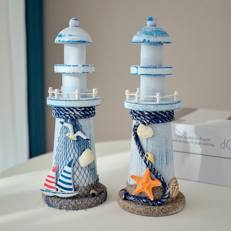 Wooden Lighthouse Decors Nauticals Theme Decors Lighthouse with Starfishs Fish Net Decors Decorative Ornament for Home Decors
