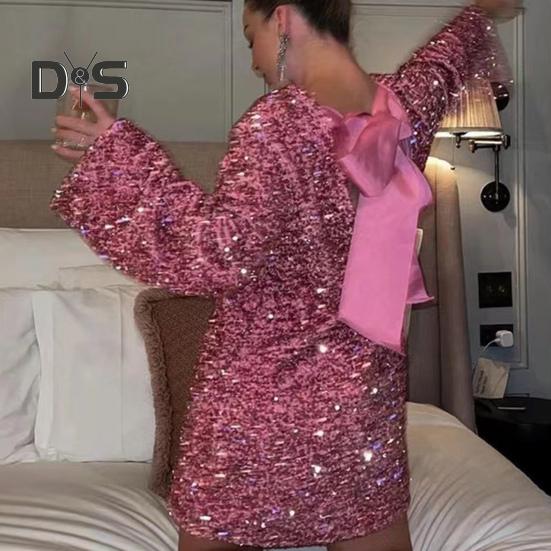Damen Paillettenkleid mit großer Schleife und langen Ärmeln, A-Linie, lockerer Pullover, knielang, Cocktailparty, Club, Minikleid