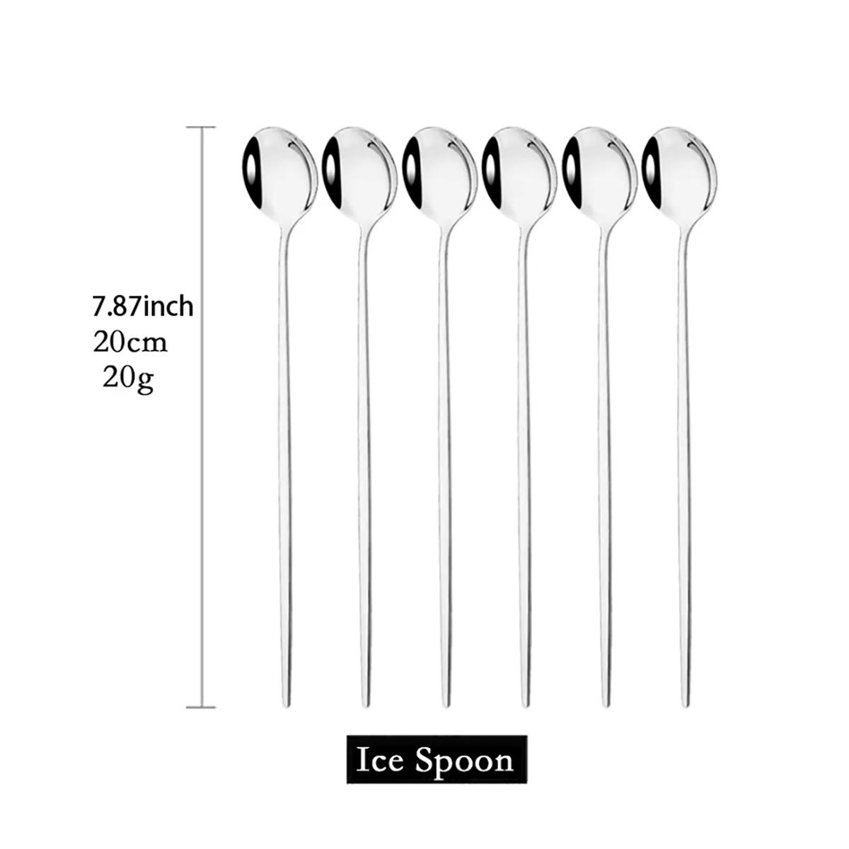 

6 шт. ложек для мороженого, набор столовых приборов, металлические ложки из нержавеющей стали с длинной ручкой, ложка для помешивания, коктейли, бары, кухонные принадлежности серебряный