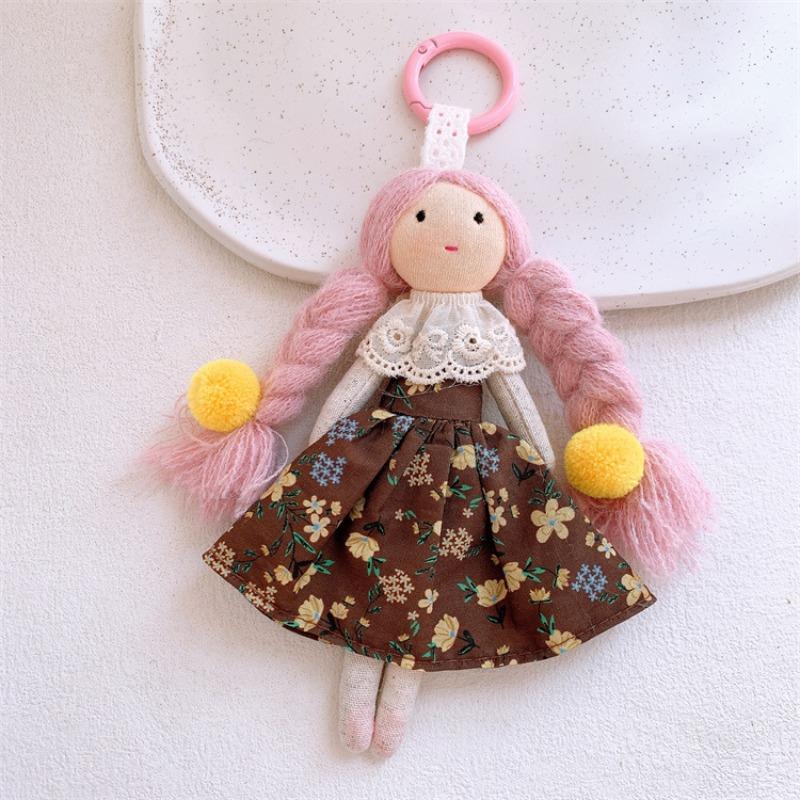 Cute Braid Doll Bag Charm Sweet Little Girl Floral Dress Plush Stuffed Toy Pendant Adorable Backpack Hanging Ornament Bag Charm