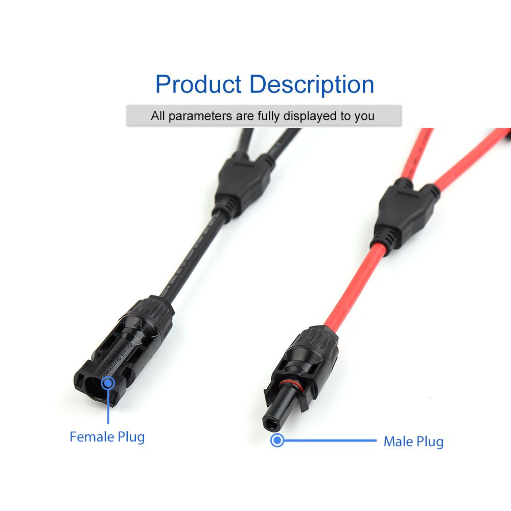 1ks napájecí solární konektory 30A Y-odbočný kabel, paralelní adaptér solárního kabelu v páru pro solární panel 1*M/FF+1*F/MM černá červená