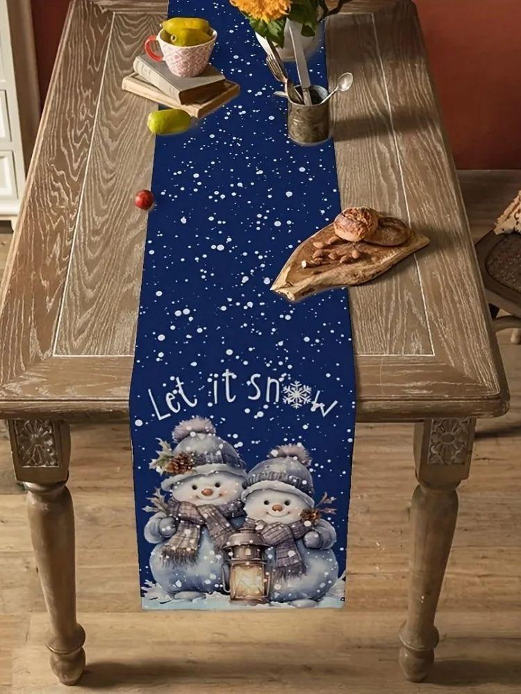 1Pc Christmas Snowman & Snowflake Design Navy Blue Linen Table Runner - Winter Christmas Decorations