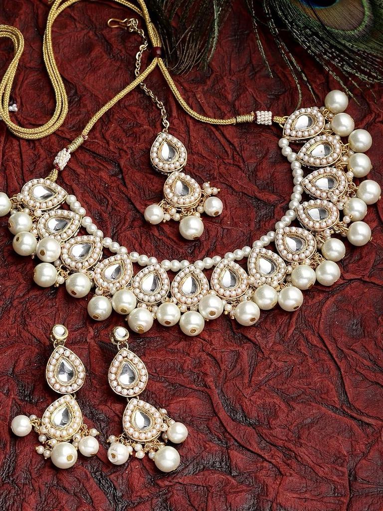 Vergoldetes Perlen- & Tropfen-Kundan-besetztes Choker-Halsketten-Set für Damen (Metall, Kundan)