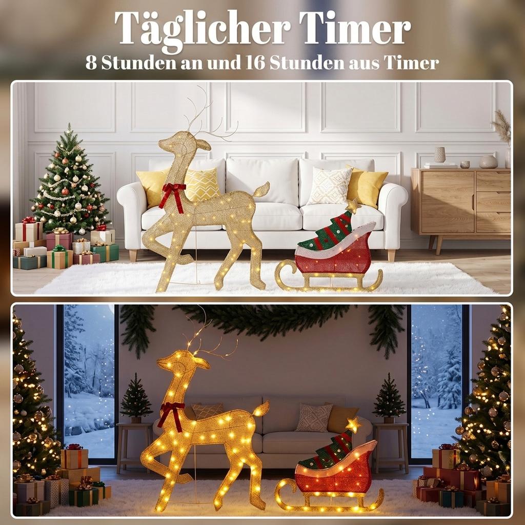 Illuminated Reindeer with Sleigh, Flat Christmas Decoration for Outdoors, 95 Warm White LEDs, 8 Lighting Modes, Timer