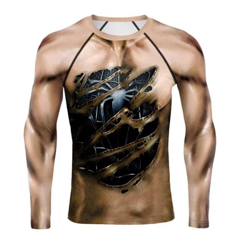 Muscle Tattoo Mens Compression T-shirts Long Sleeve Wolf Dragon Sportswear Rashguard Fitness Gym Tops Tees Streetwear