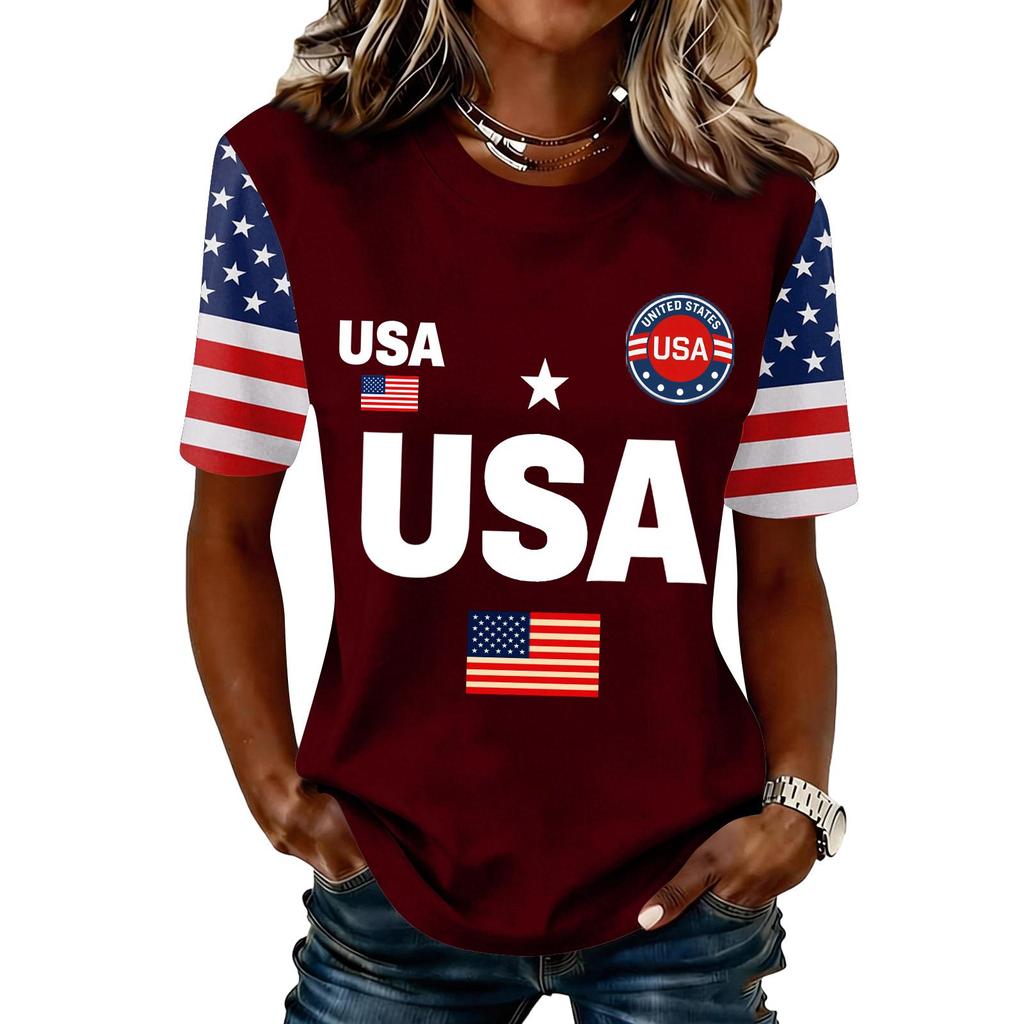 Blusa Feminina da Moda Casual de Manga Curta com Estampa e Gola Redonda