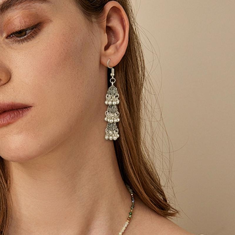 Three Layer Hollow Out Bell Tassels Bohemian Dangling Earrings Pair Made From Sturdy Alloy Versatile For Casual And Formal Wear