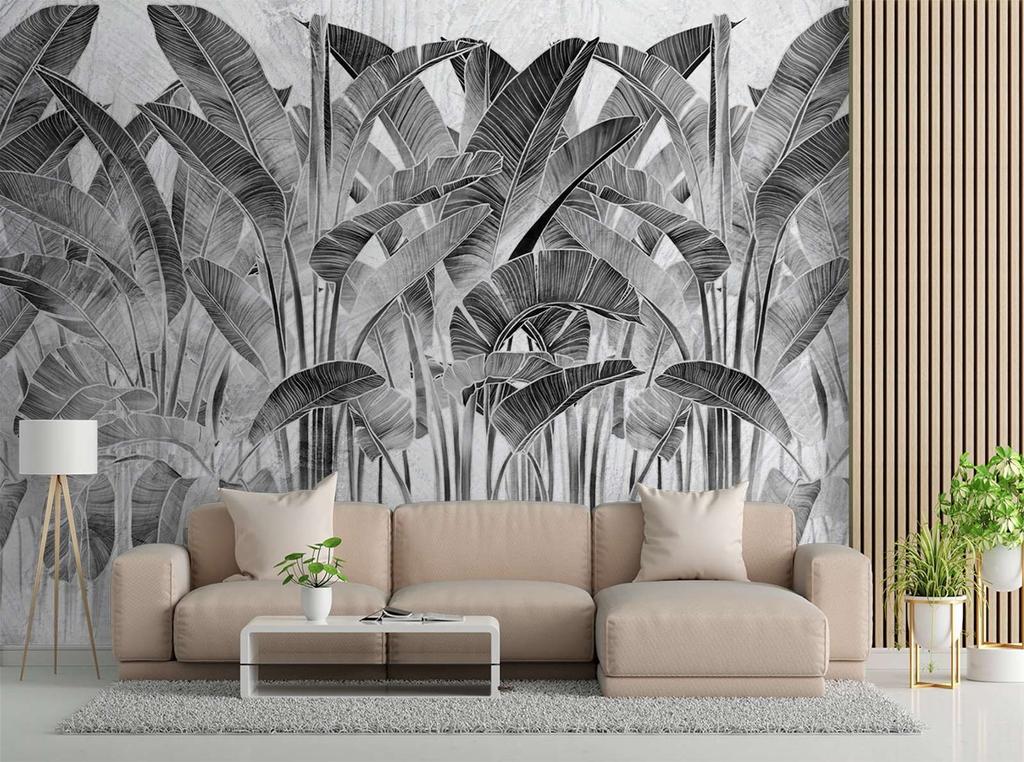 Wallpaper Banana leaves in black and white