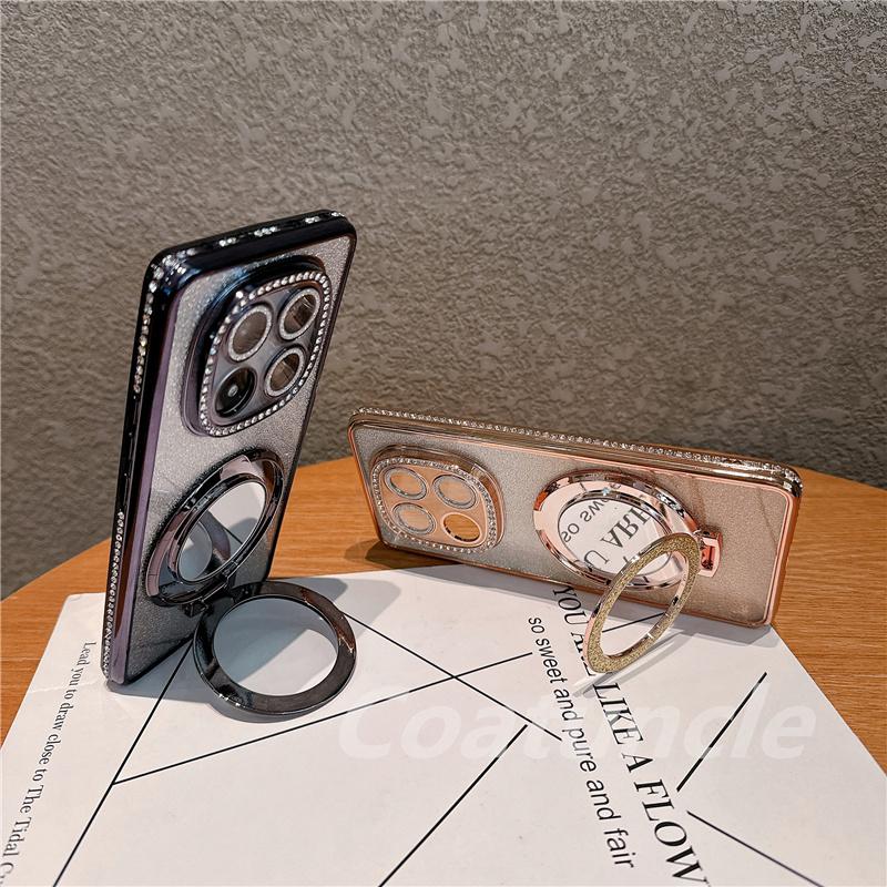 Luxury Glitter Magnetic Magsafe Mirror Bracket Diamond Case for Xiaomi Redmi Note 14 Note14 Pro Plus 14S 14C 4G 5G Plating Cover