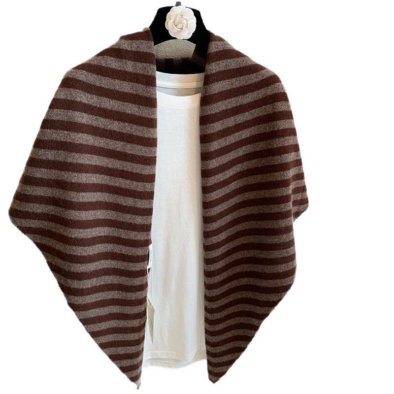 Women Striped Wool Triangle Knit Shawl Warm Winter Outerwear Wrap