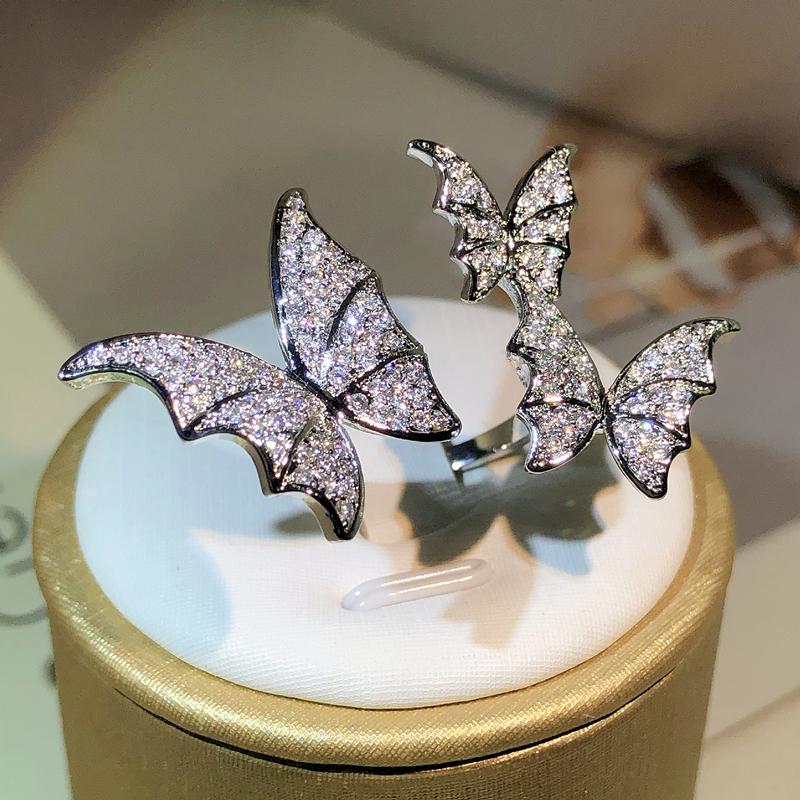 Sterling Silver Romantic Luxury White Zircon Three Butterfly Opening Ring For Women Party Wedding Jewelry Gift