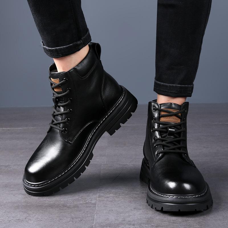 Rhubarb boots leather winter warm high-top locomotive thick-soled Martin boots men's big head tooling boots velvet men's leather boots