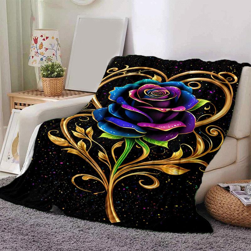 1pc Rose Printing Lightweight Flannel Blanket, Comfortable and Warm Blanket, for Camping Sofa Bed and Couch Office, Suitable for Gift Blanket