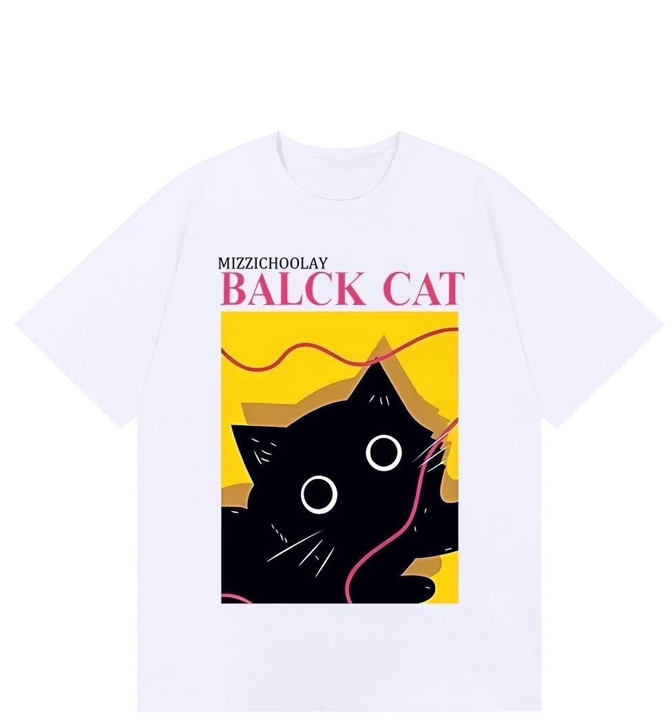 

Doodle Black Cat Print Shortsleeved Tshirt Suitable for Both Women Casual and Hiphop Style Versatile for All Occasions Tops S