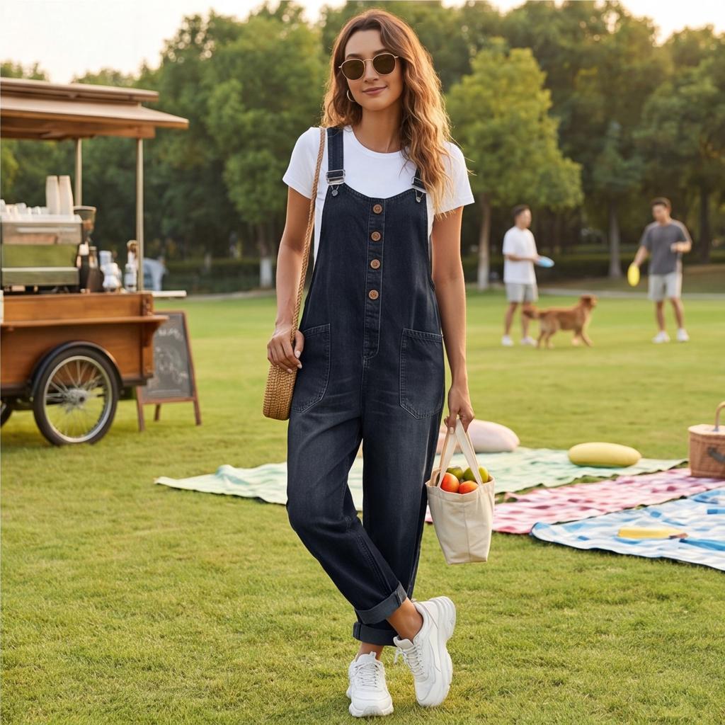 Women’s Loose Fit Denim Overalls Adjustable Strap Jumpsuit with Front Button Detail and Large Pockets Casual Sleeveless Bib Pants