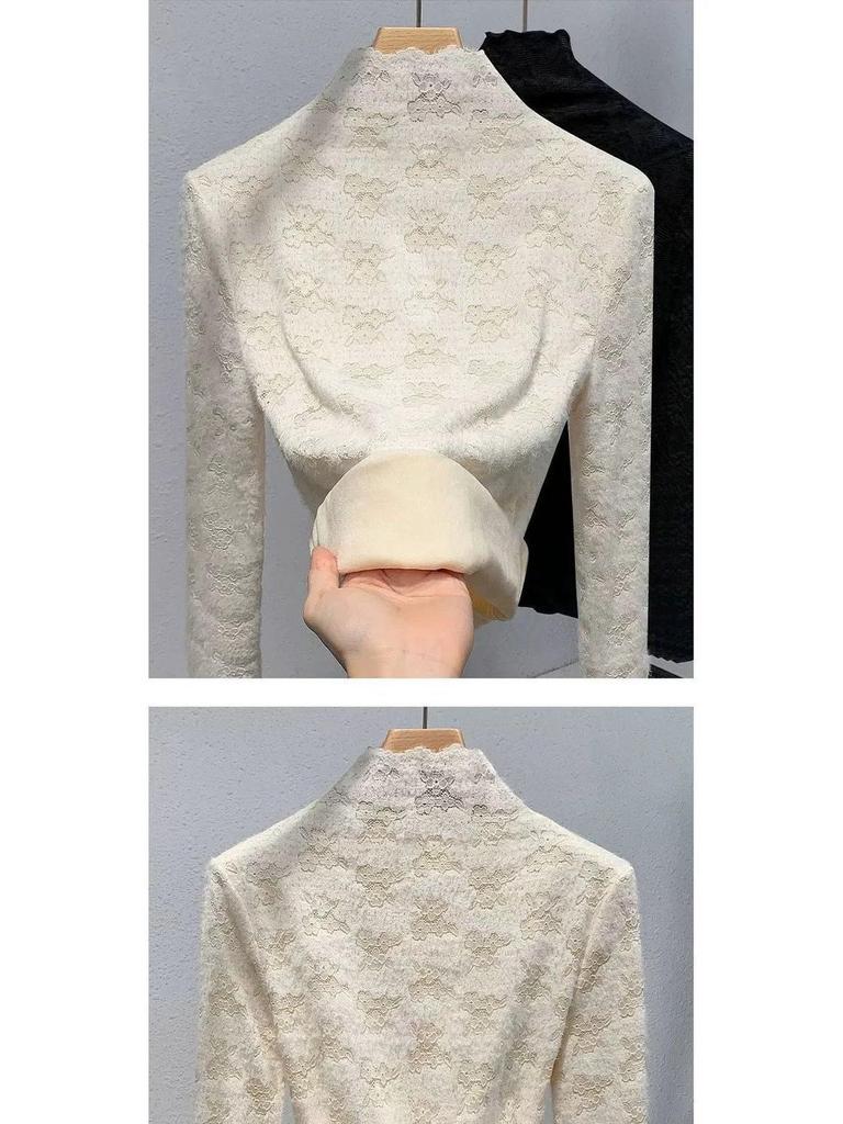 Dámská flanelová košile s vysokým límcem a krajkou - Stylová teplá základní vrstva pro podzim/zimu