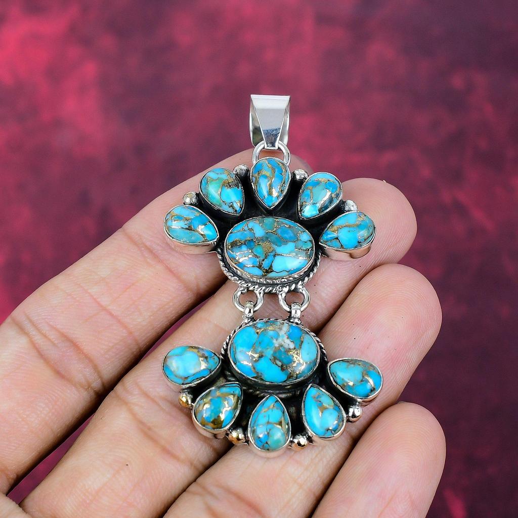 Blue Copper Turquoise Handmade Gemstone Jewelry, 925 Solid Sterling Silver Pendant Antique Jewelry